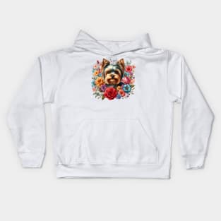 A yorkshire terrier with beautiful colorful flowers Kids Hoodie